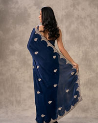 Twamev Women Indigo Blue Satin Elegance Saree