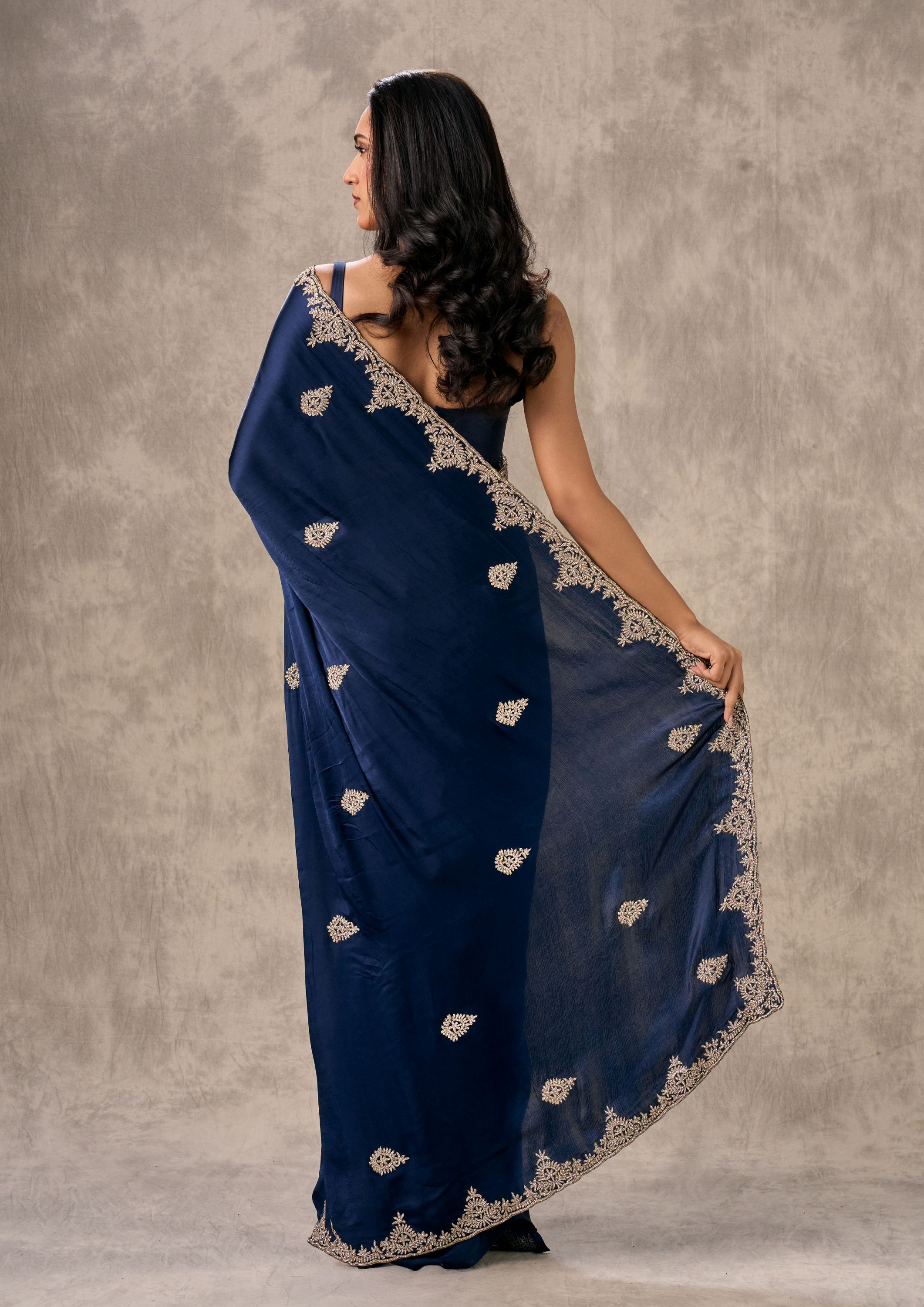Twamev Women Indigo Blue Satin Elegance Saree