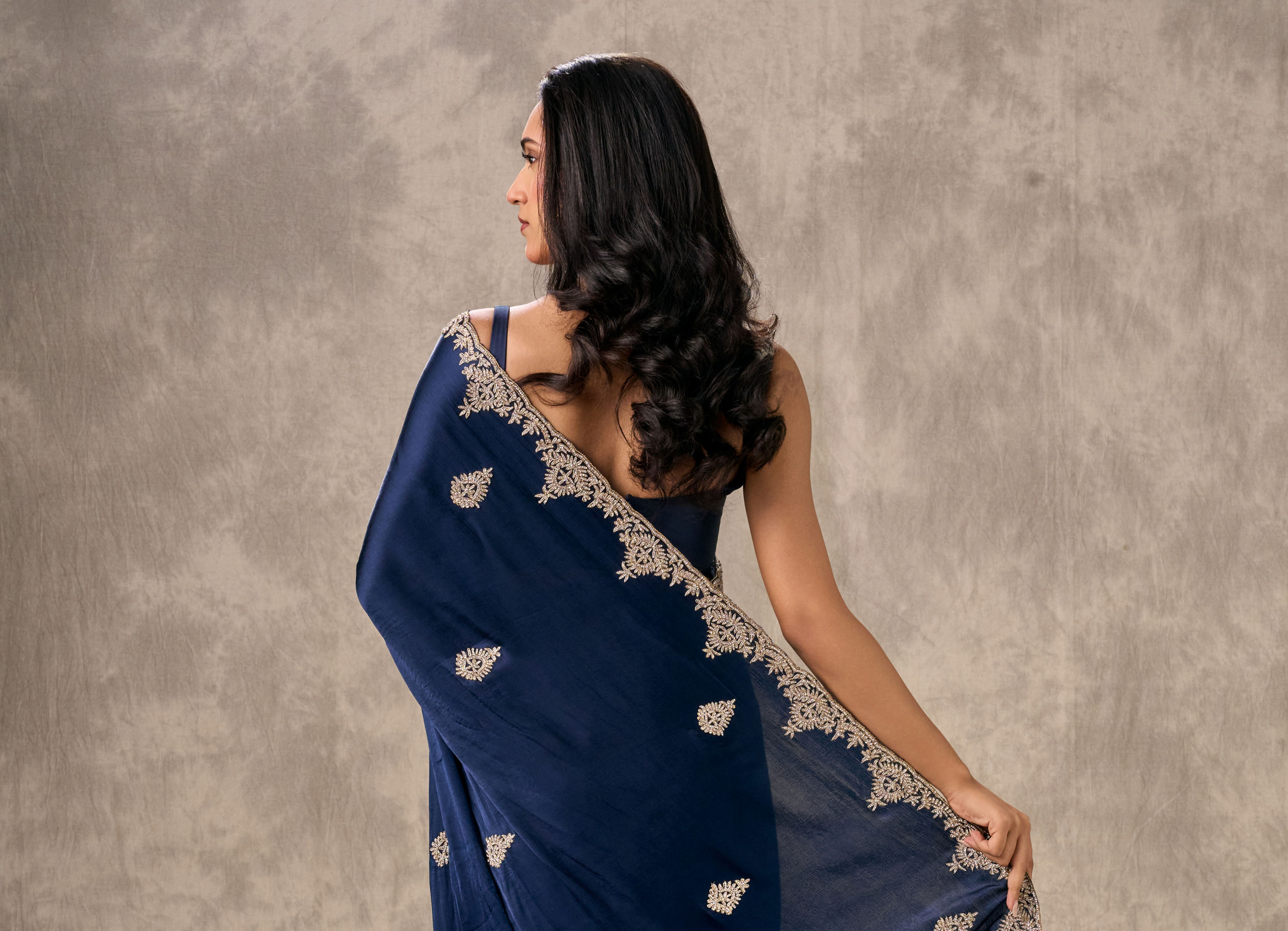 Twamev Women Indigo Blue Satin Elegance Saree