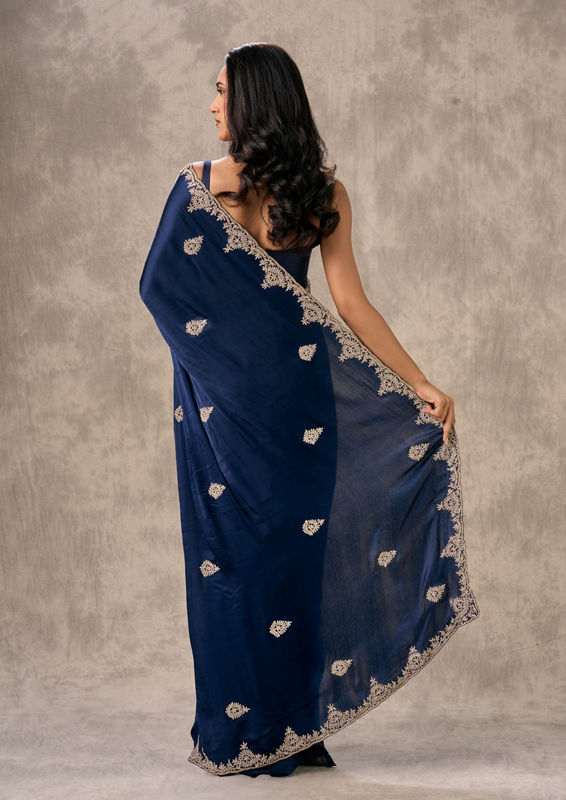 Twamev Women Indigo Blue Satin Elegance Saree