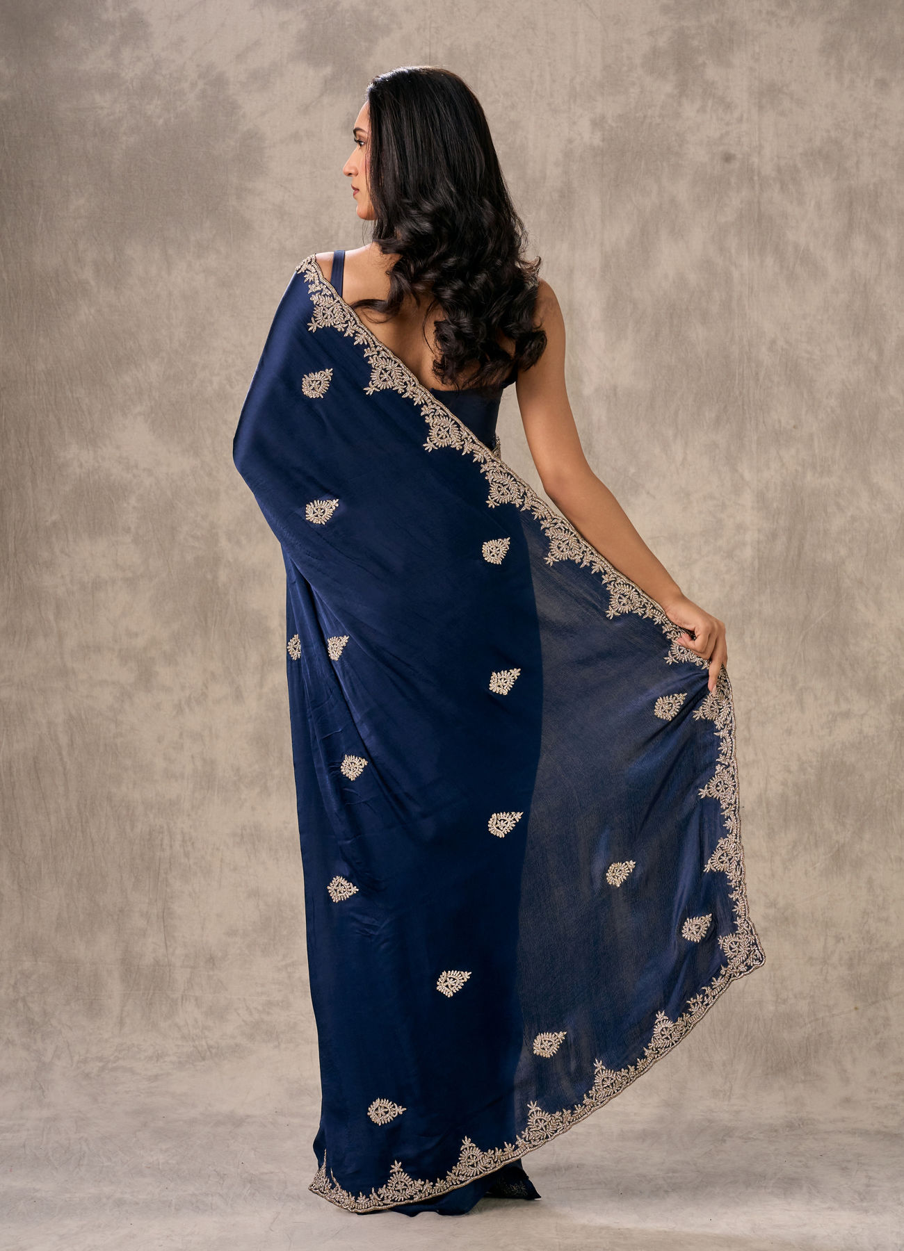 Twamev Women Indigo Blue Satin Elegance Saree