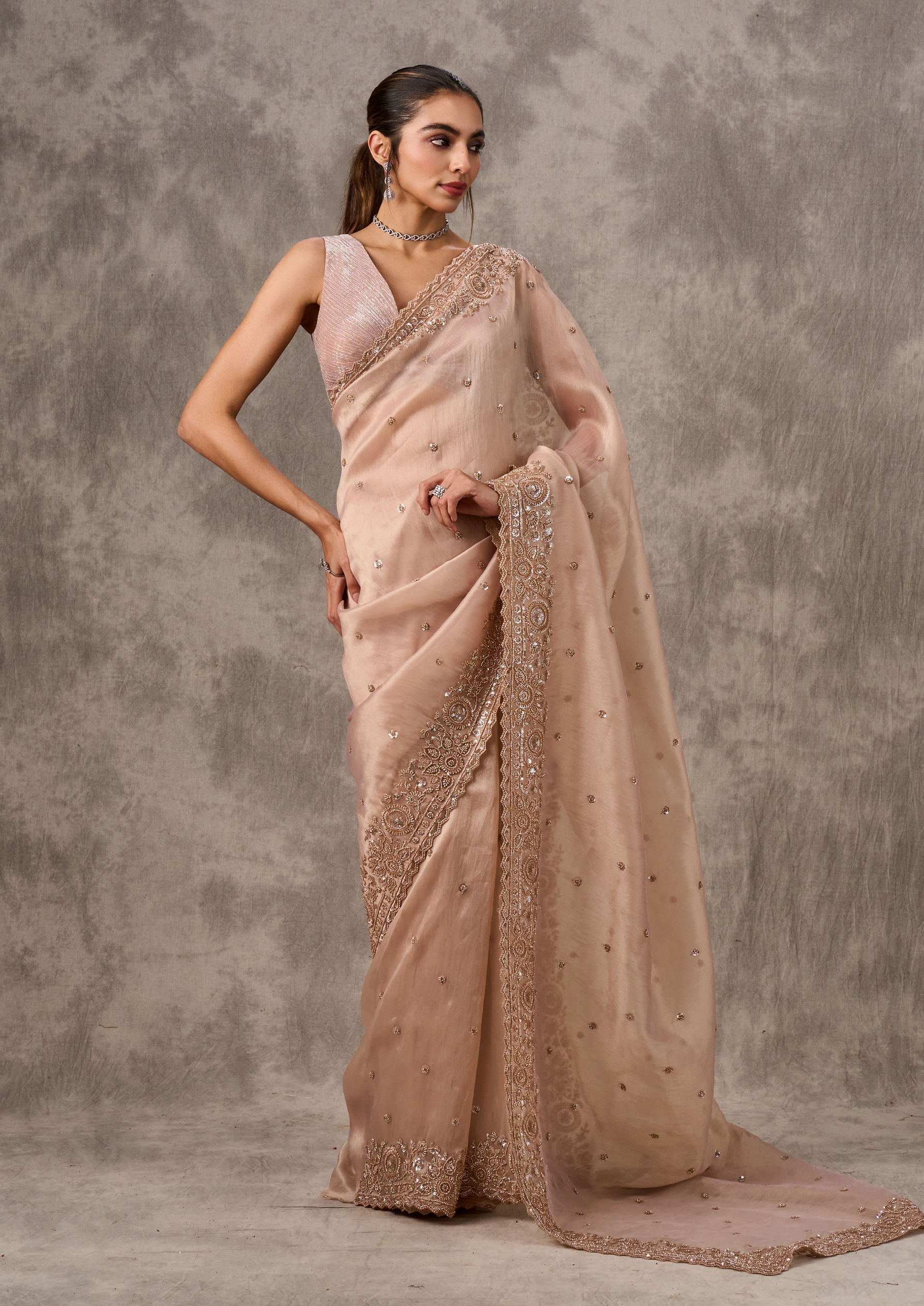 Twamev Women Elegant Cream Organza Saree