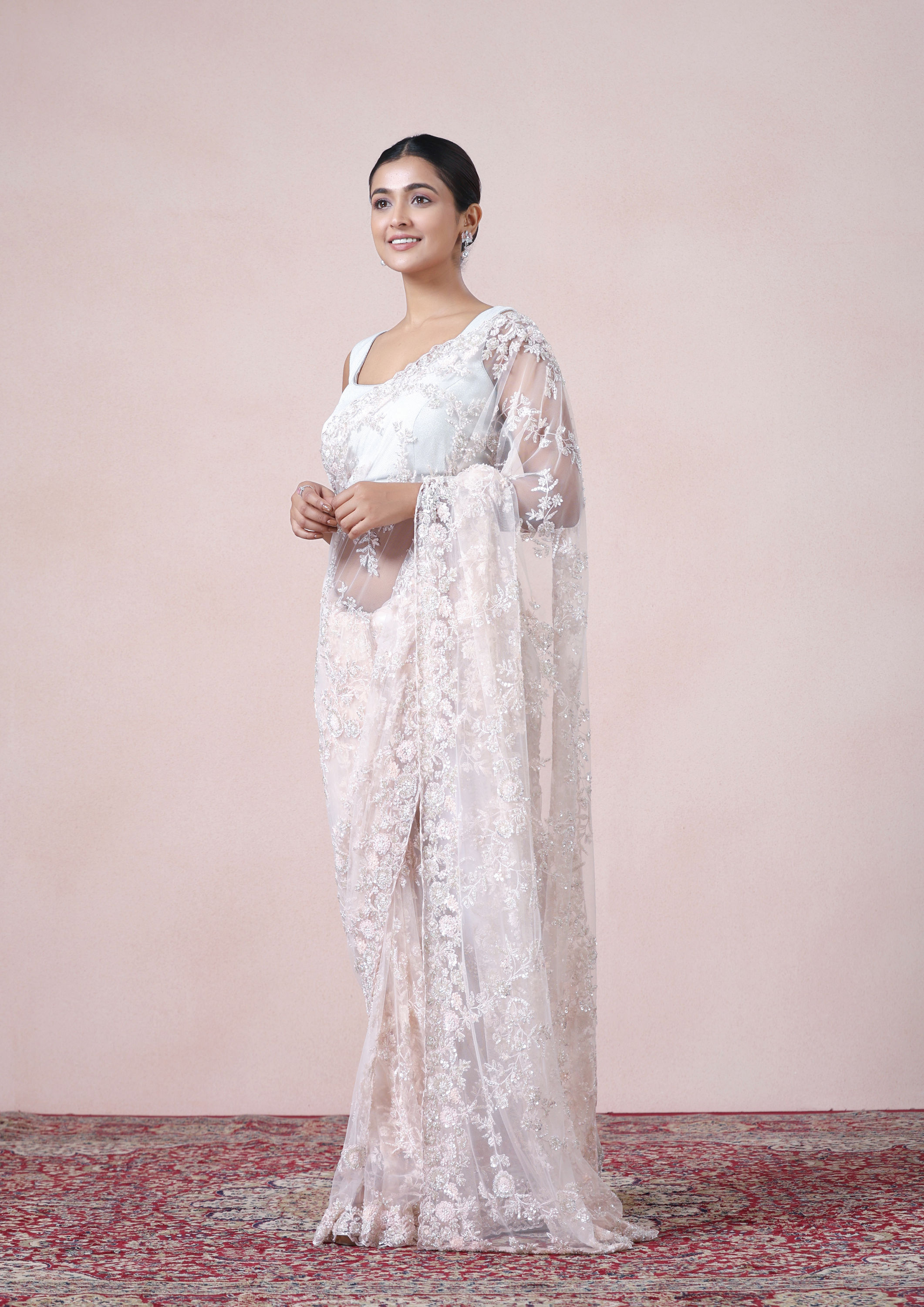 Twamev Women Dazzling Light Pink Net Saree