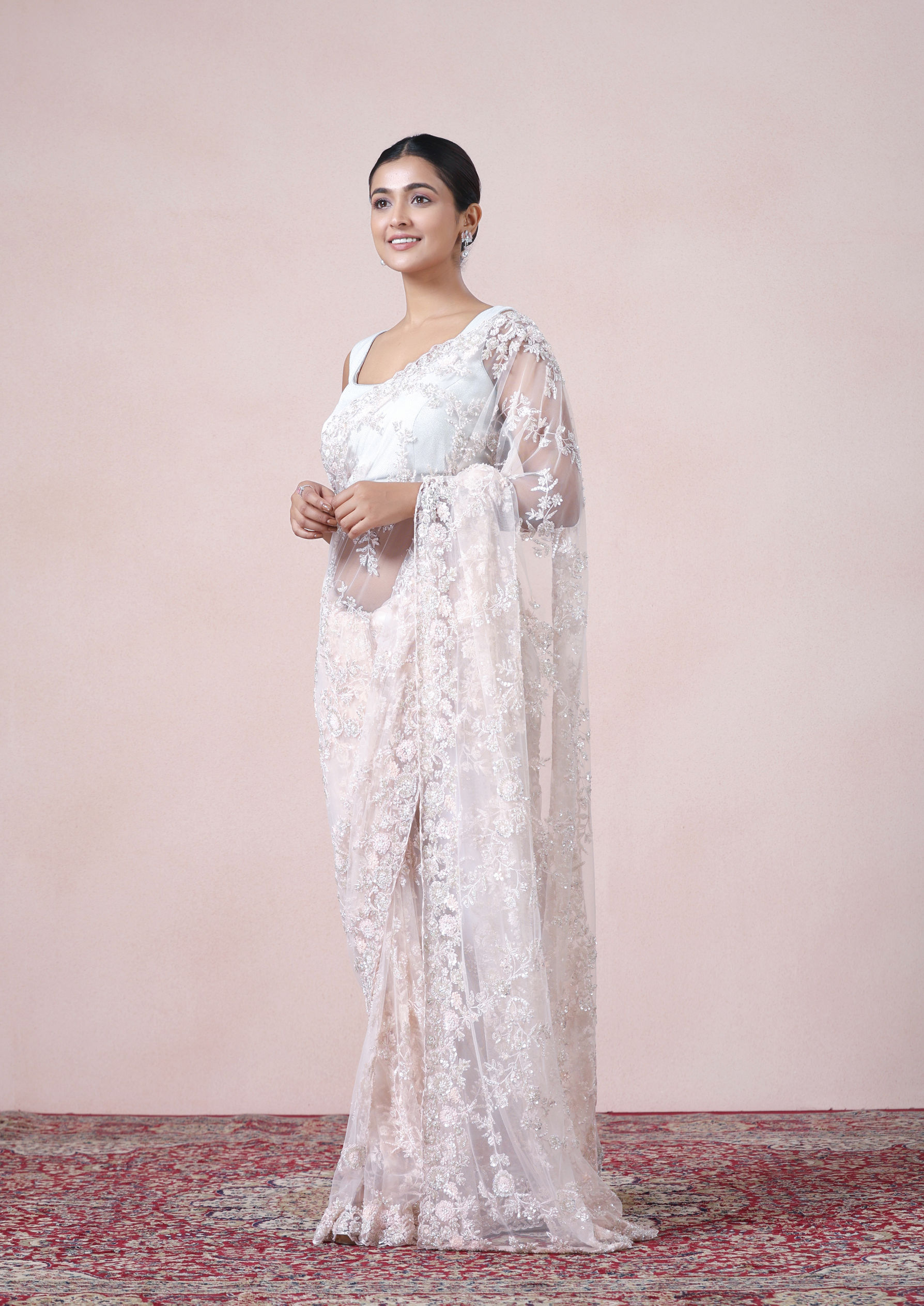 Twamev Women Dazzling Light Pink Net Saree