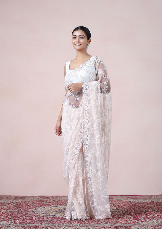 Twamev Women Dazzling Light Pink Net Saree