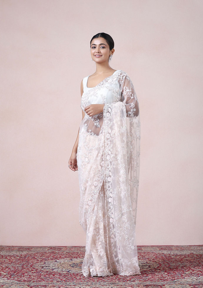 Twamev Women Dazzling Light Pink Net Saree
