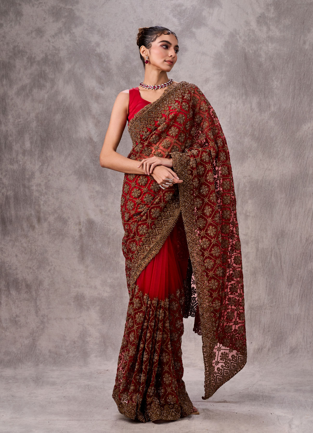 Twamev Women Garnet Radiance Net Saree