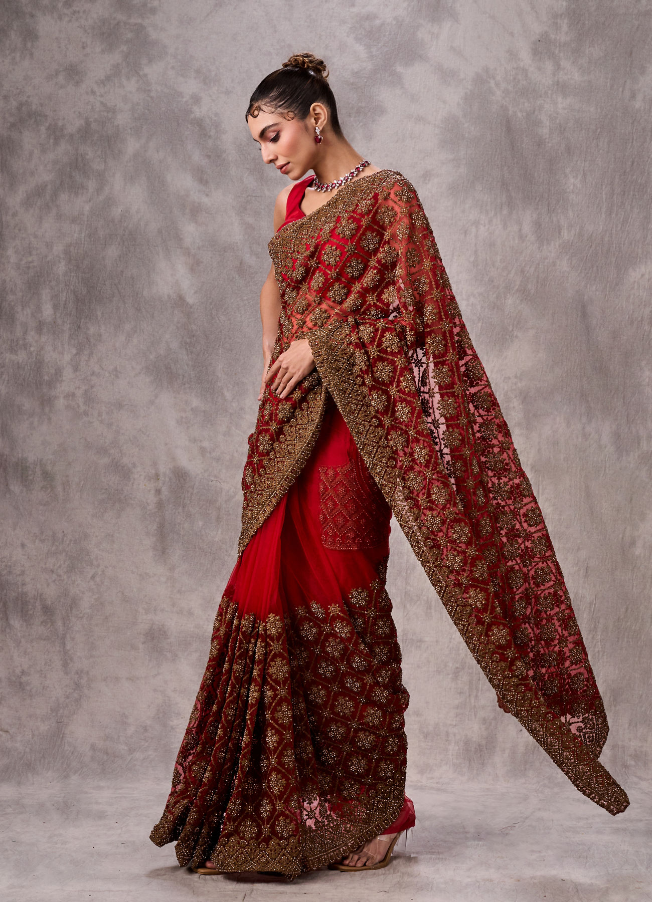 Twamev Women Garnet Radiance Net Saree
