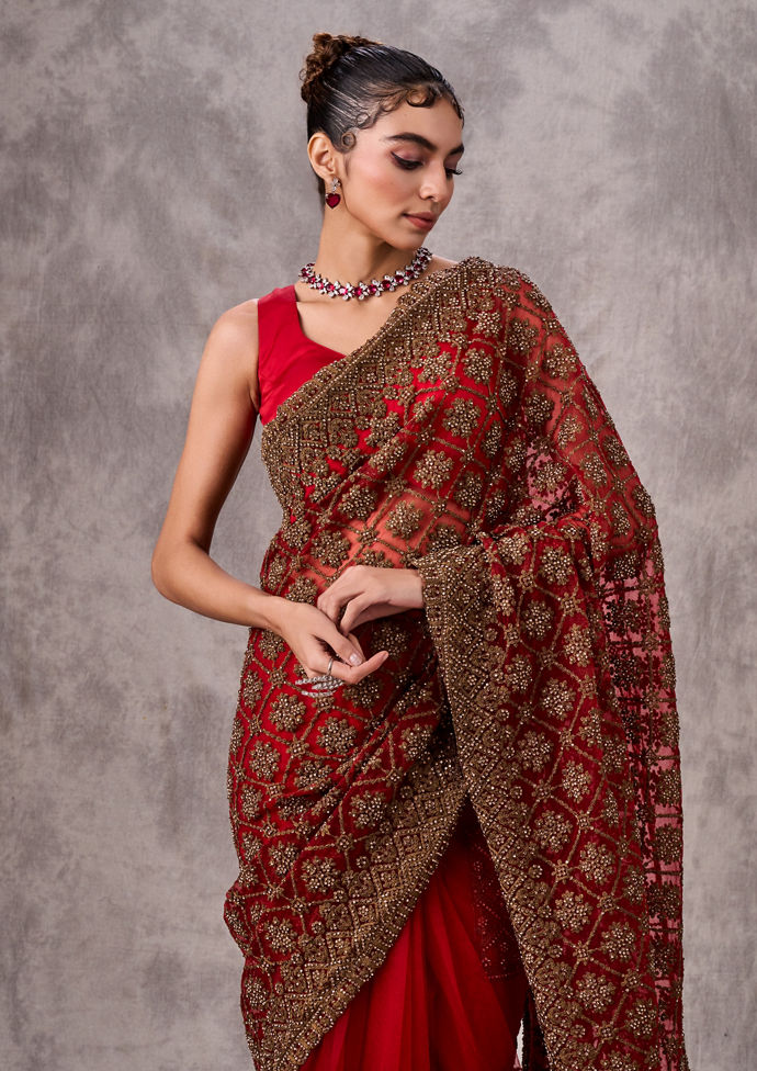 Twamev Women Garnet Radiance Net Saree