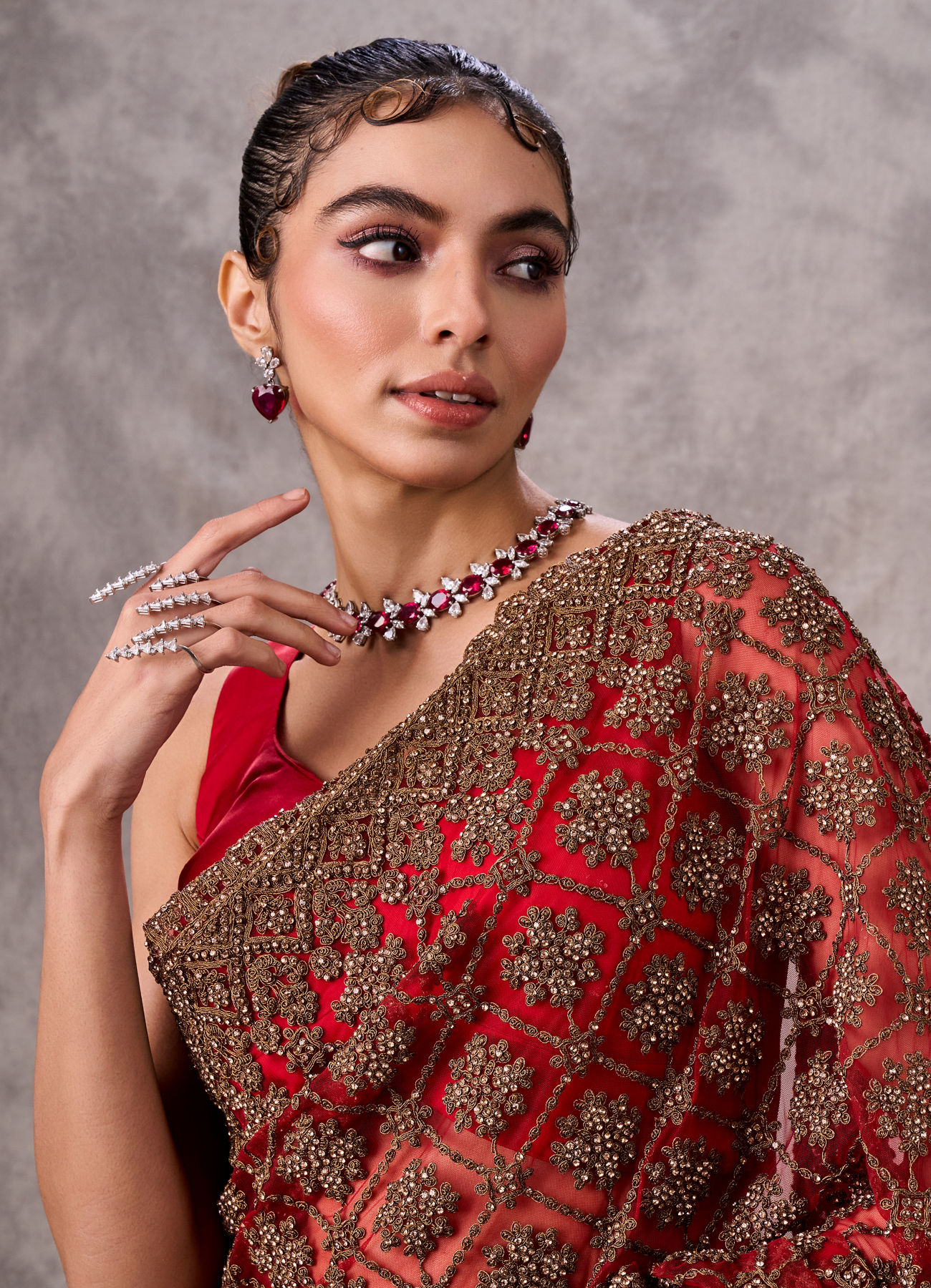 Twamev Women Garnet Radiance Net Saree