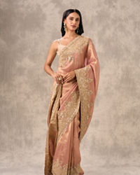 Twamev Women Peach Tissue Zardosi Paisley Embroidered Saree