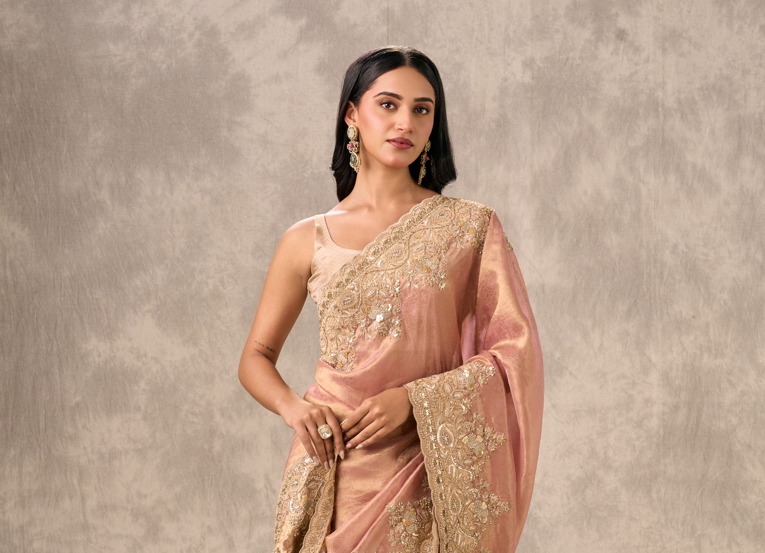 Twamev Women Peach Tissue Zardosi Paisley Embroidered Saree