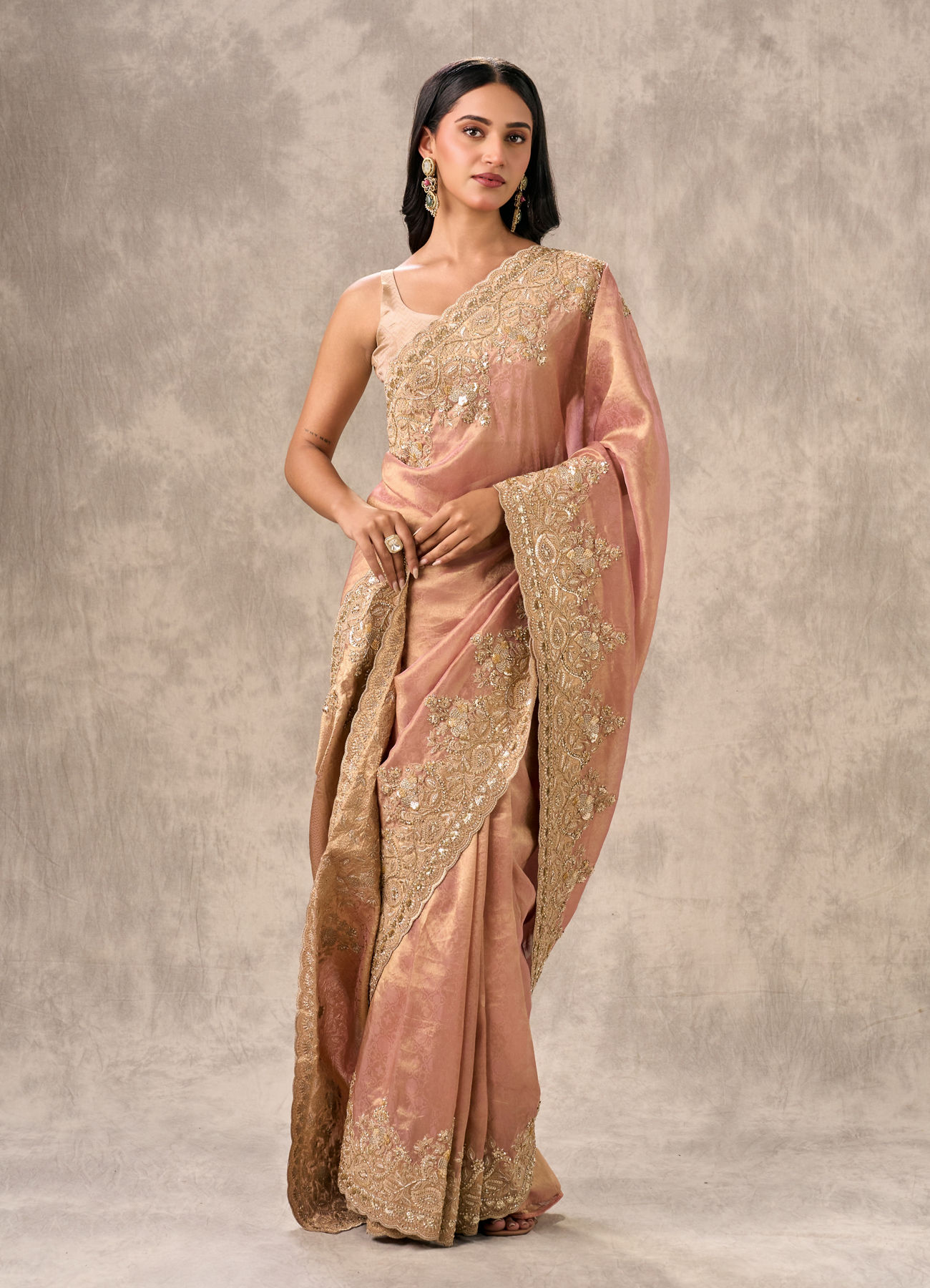 Twamev Women Peach Tissue Zardosi Paisley Embroidered Saree