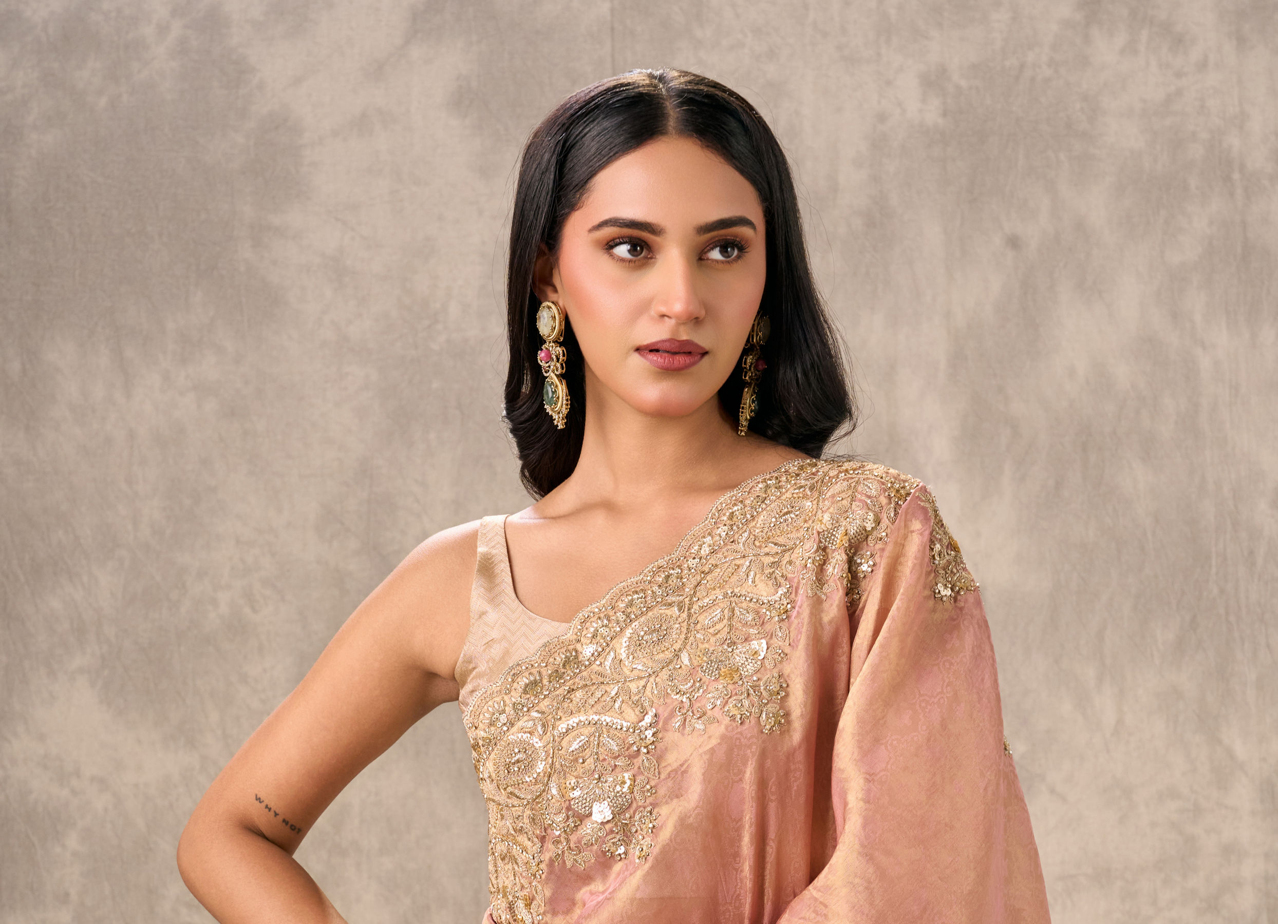 Twamev Women Peach Tissue Zardosi Paisley Embroidered Saree