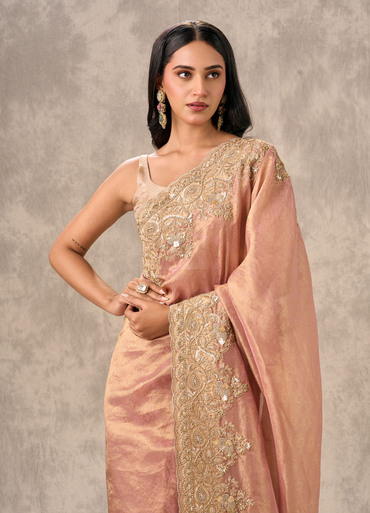 Twamev Women Peach Tissue Zardosi Paisley Embroidered Saree