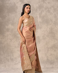 Twamev Women Peach Tissue Zardosi Paisley Embroidered Saree