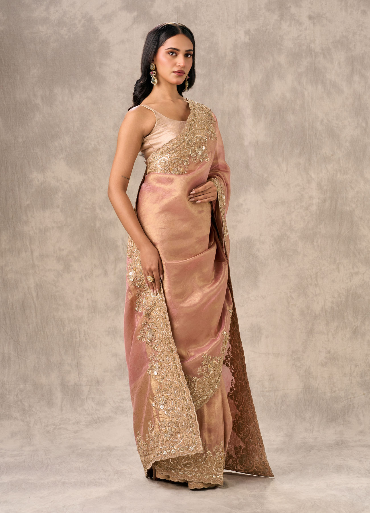 Twamev Women Peach Tissue Zardosi Paisley Embroidered Saree