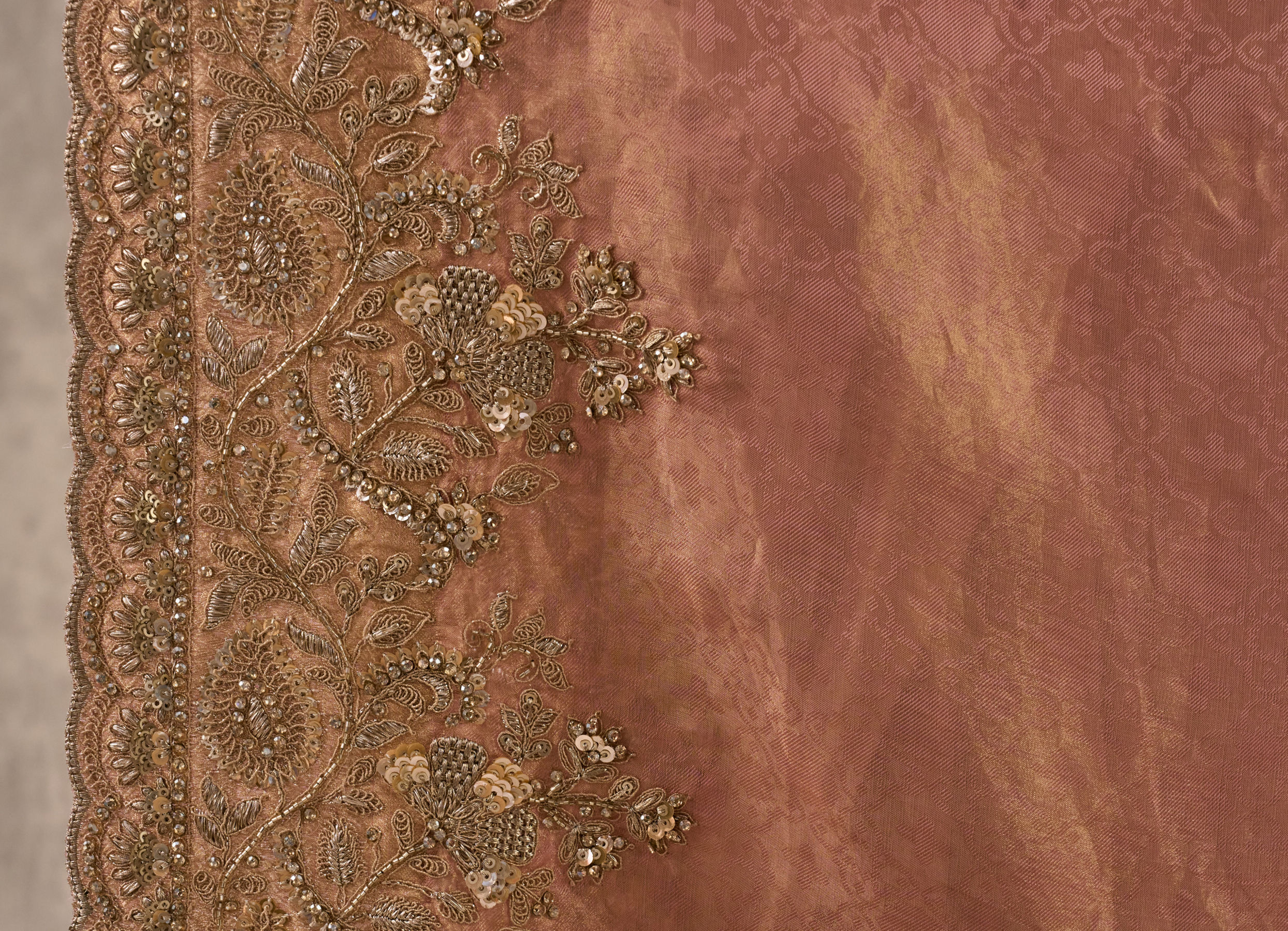 Twamev Women Peach Tissue Zardosi Paisley Embroidered Saree