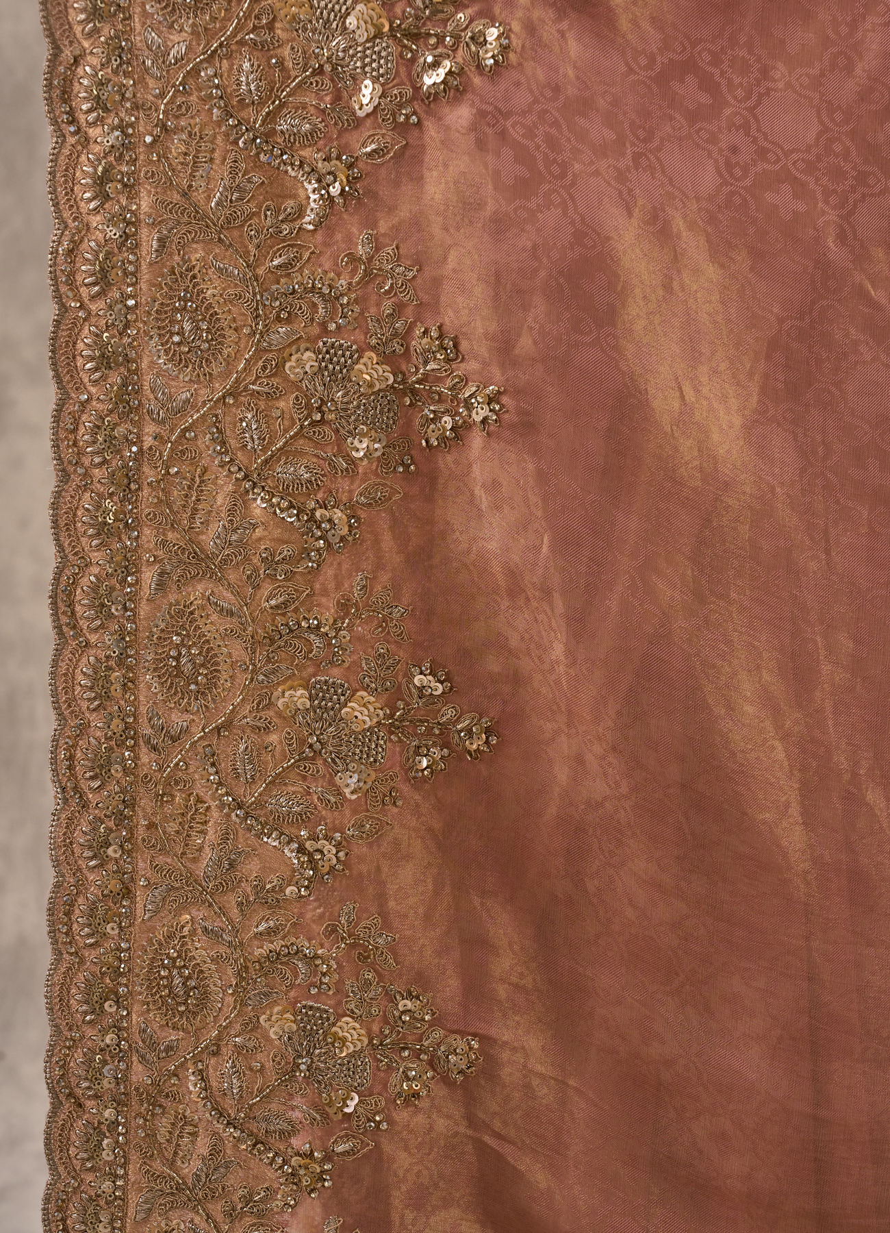 Twamev Women Peach Tissue Zardosi Paisley Embroidered Saree