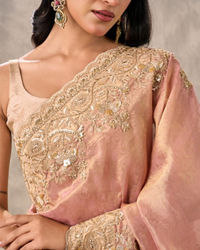 Twamev Women Peach Tissue Zardosi Paisley Embroidered Saree