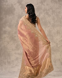 Twamev Women Peach Tissue Zardosi Paisley Embroidered Saree