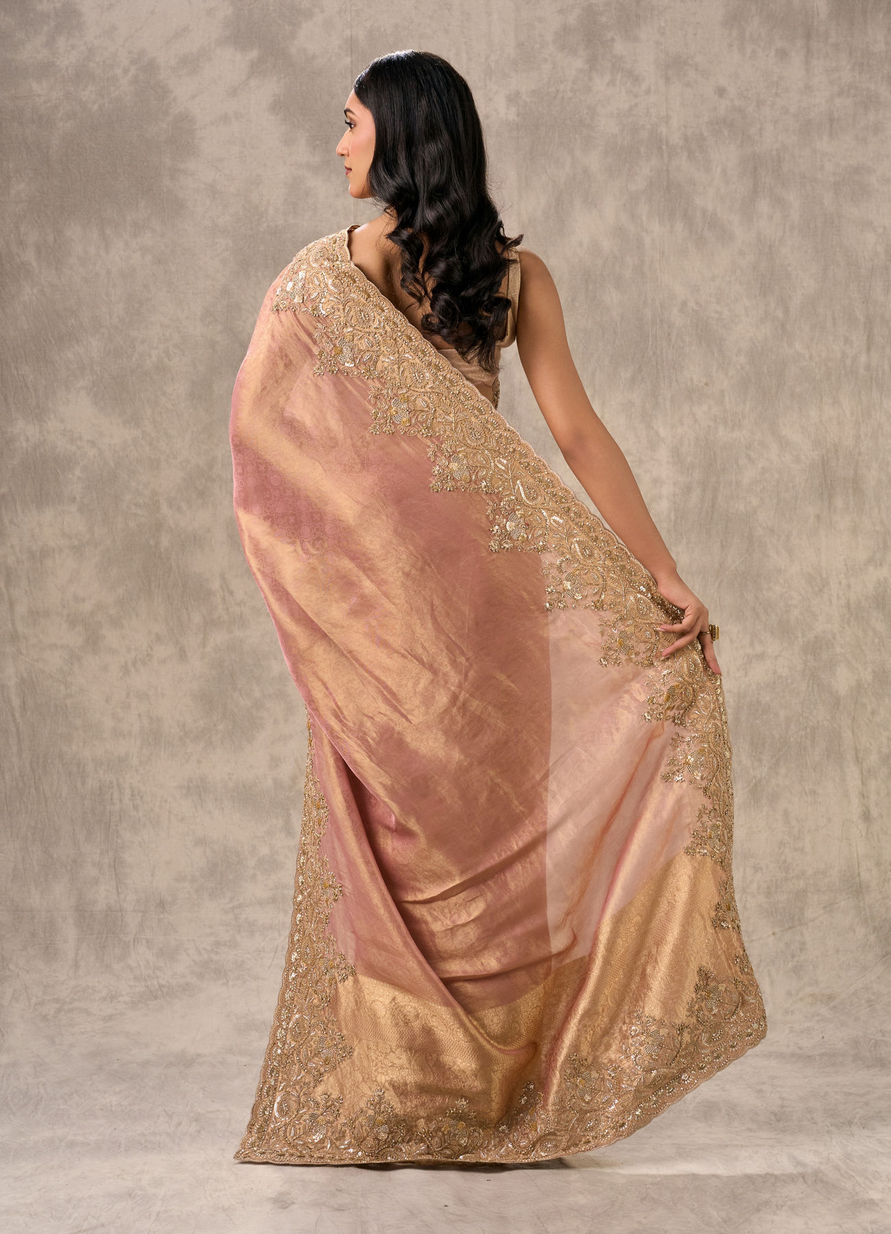 Twamev Women Peach Tissue Zardosi Paisley Embroidered Saree