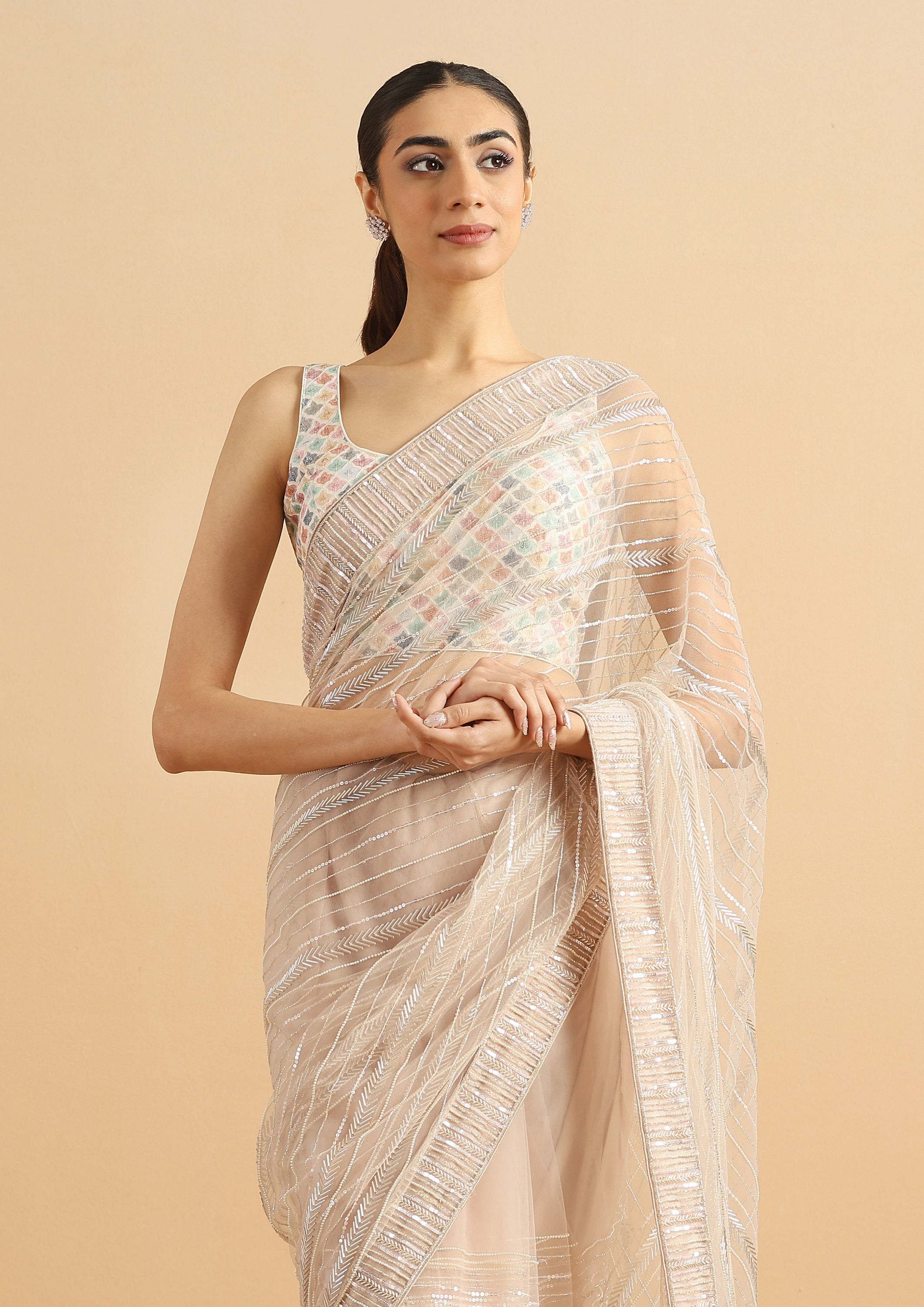 Twamev Women Sequined Shimmery Cream Saree