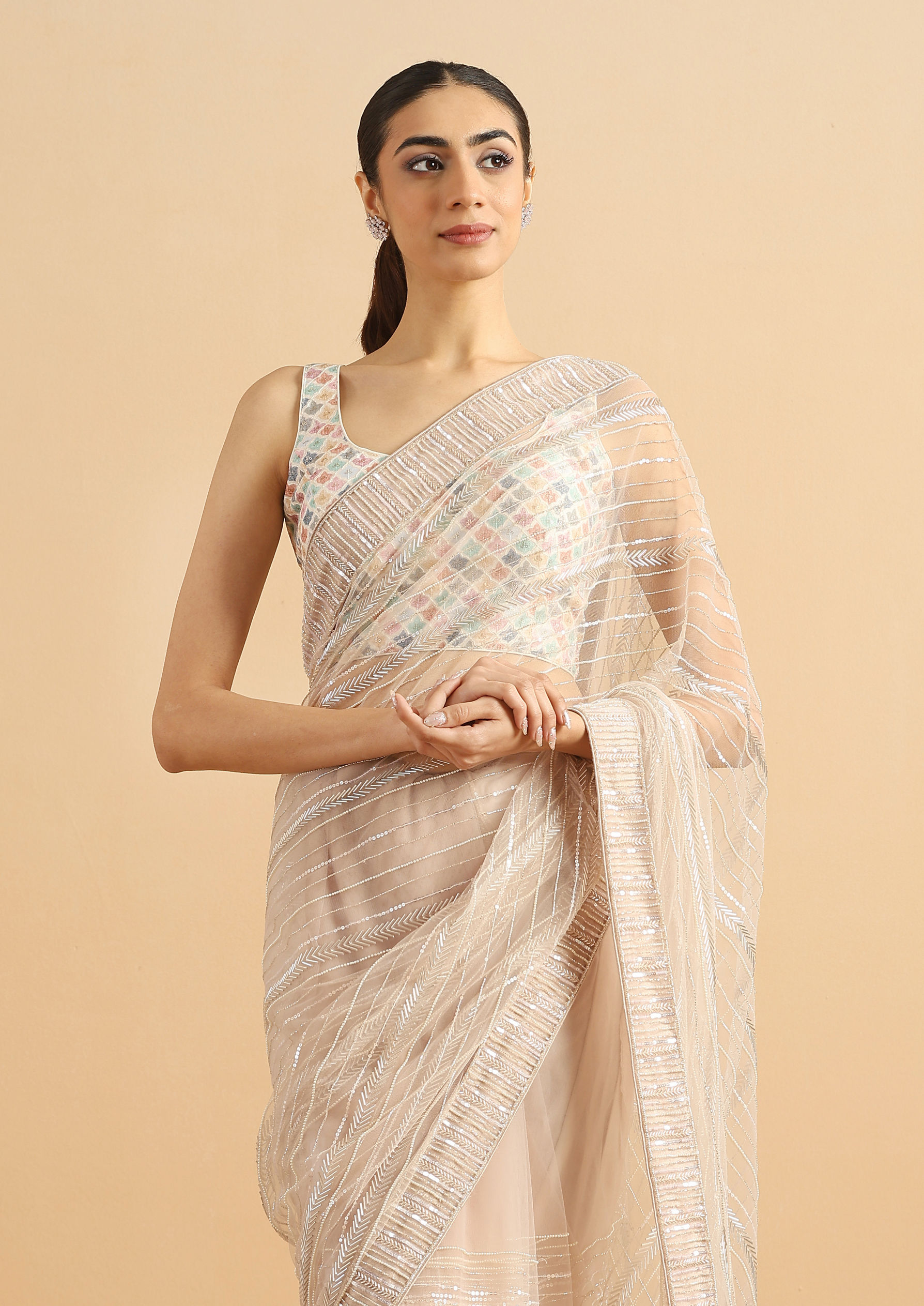 Twamev Women Sequined Shimmery Cream Saree
