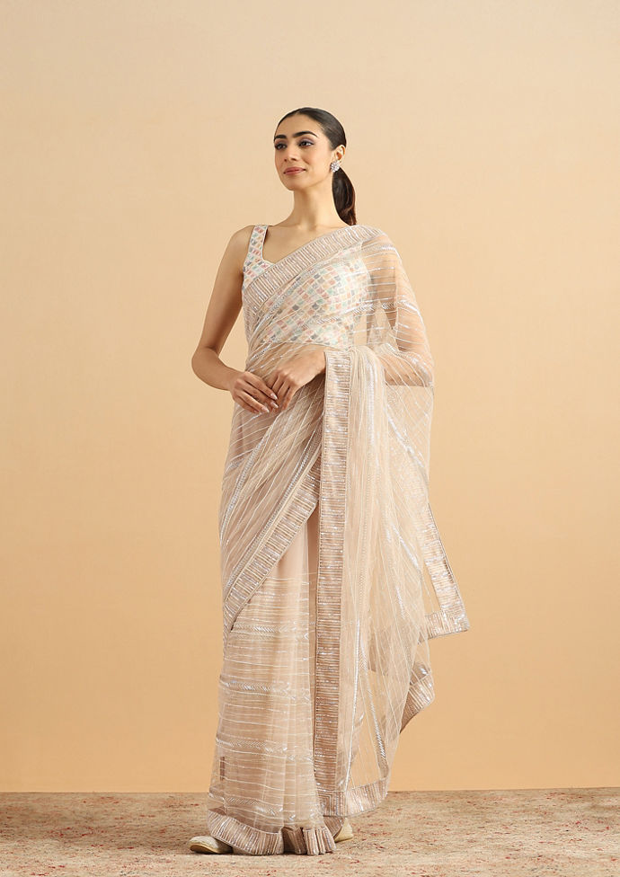 Twamev Women Sequined Shimmery Cream Saree