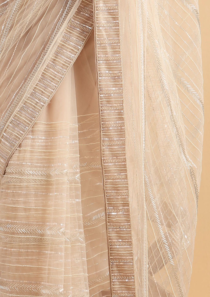 Twamev Women Sequined Shimmery Cream Saree