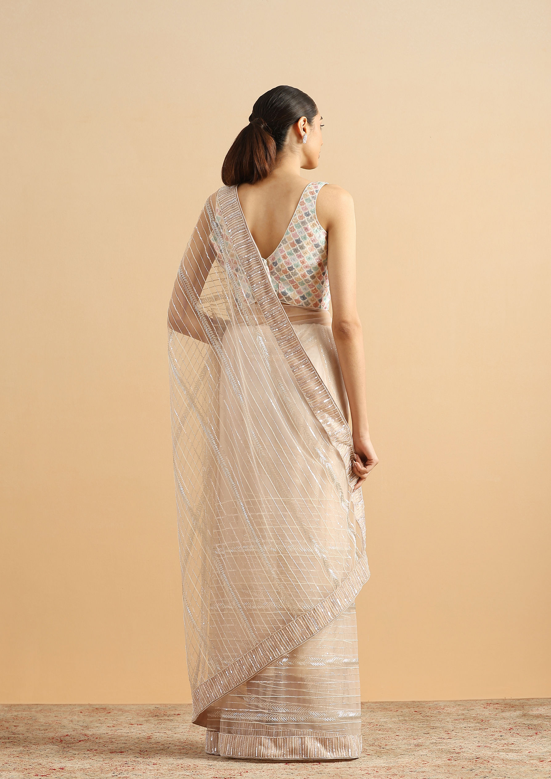 Twamev Women Sequined Shimmery Cream Saree