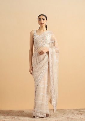 alt message - Twamev Women Sequined Shimmery Cream Saree image number 0