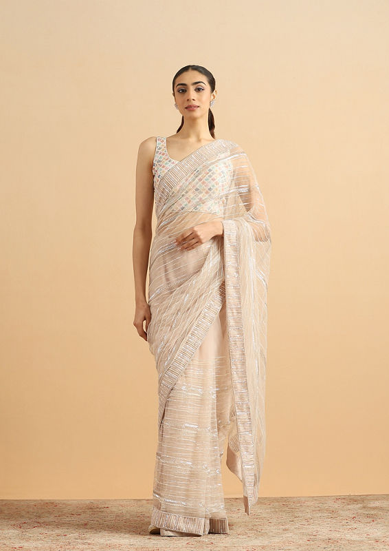 Twamev Women Sequined Shimmery Cream Saree