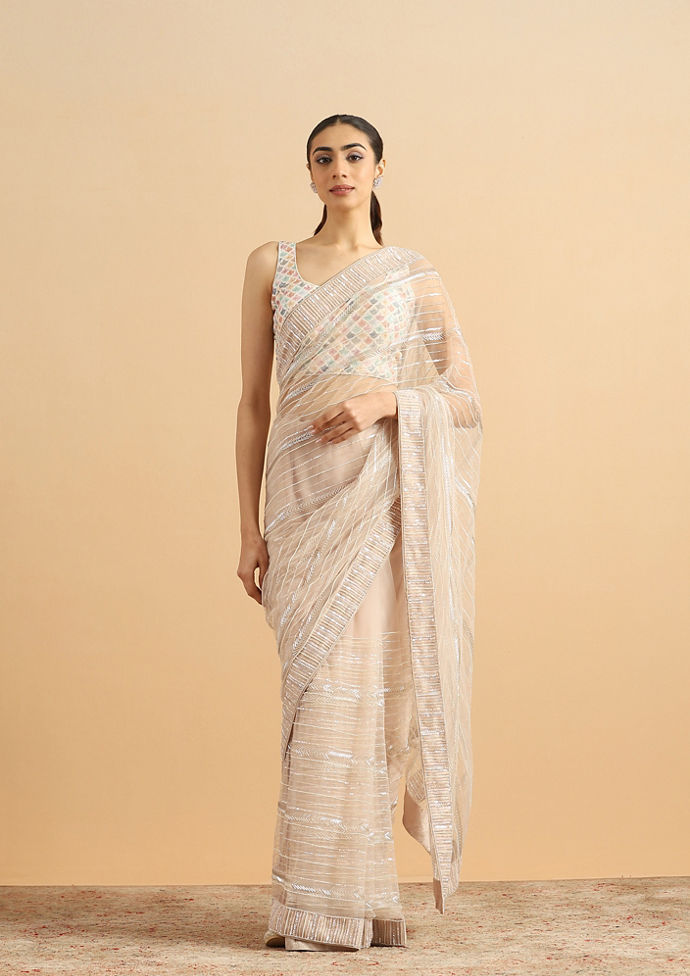 Twamev Women Sequined Shimmery Cream Saree