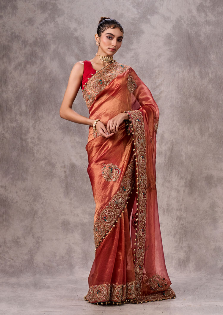 Twamev Women Vibrant Orange Organza Saree