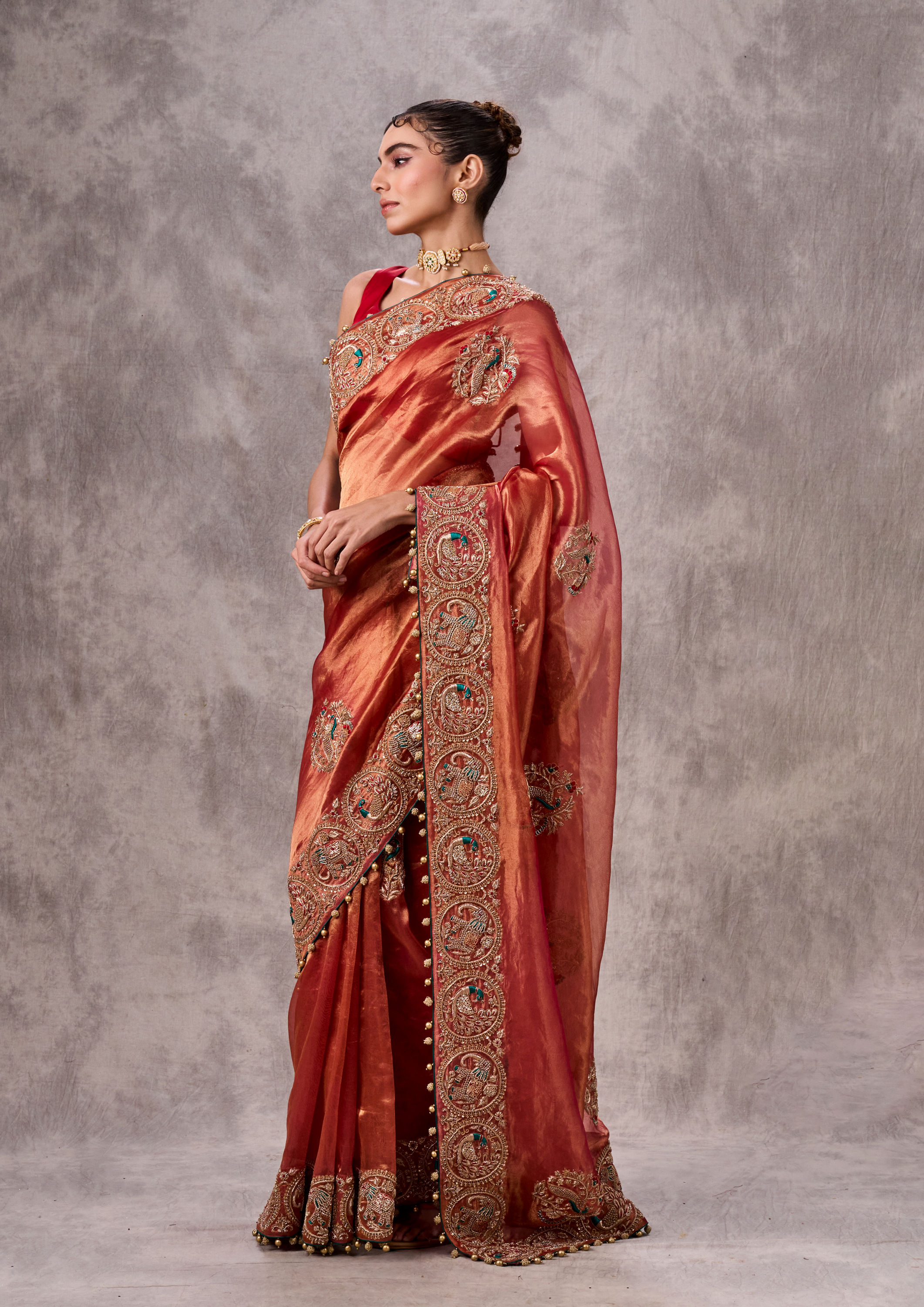 Twamev Women Vibrant Orange Organza Saree