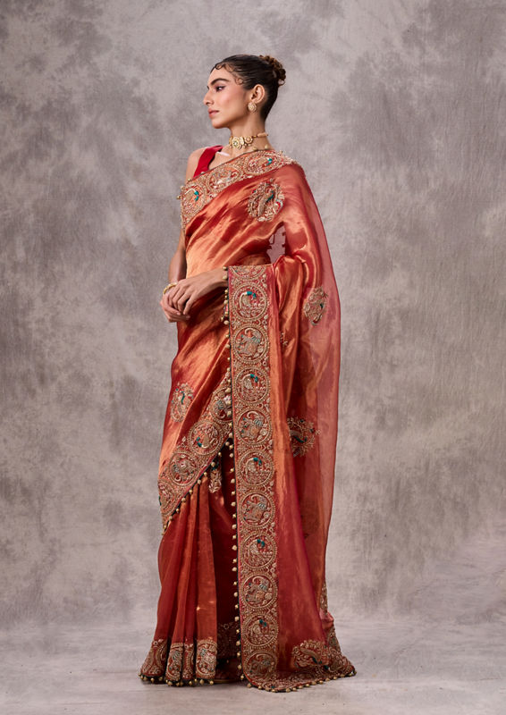 Twamev Women Vibrant Orange Organza Saree