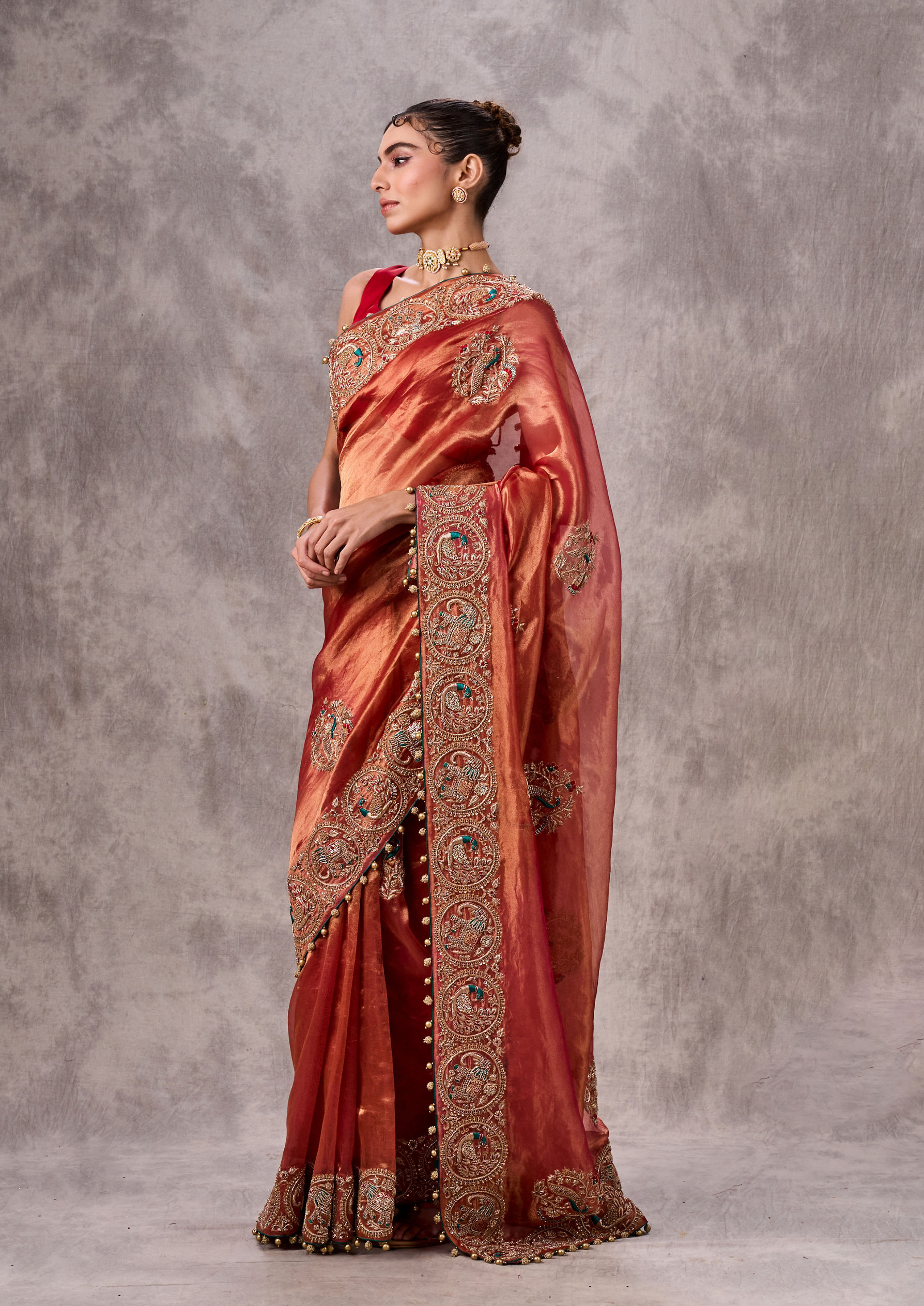 Twamev Women Vibrant Orange Organza Saree