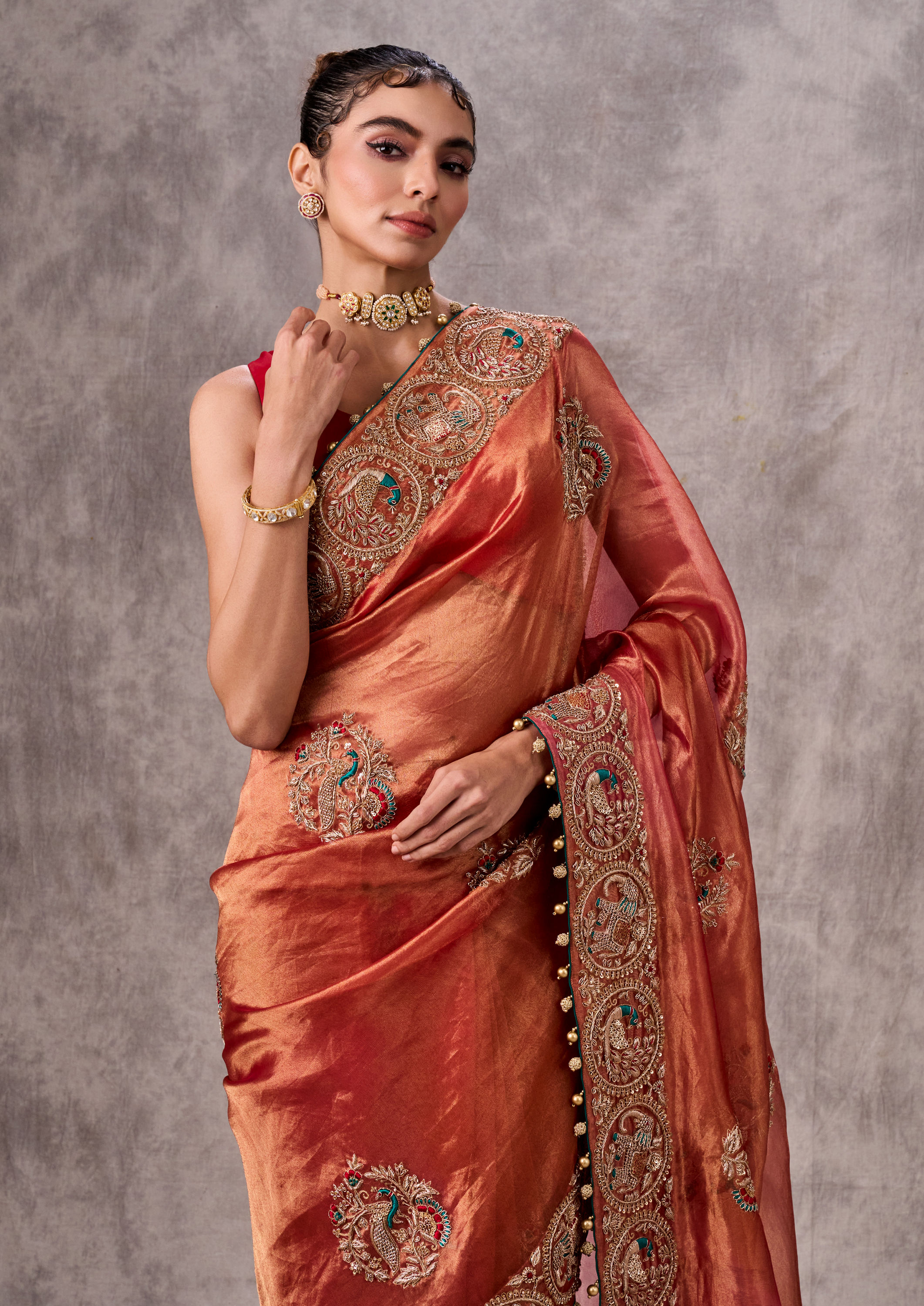 Twamev Women Vibrant Orange Organza Saree