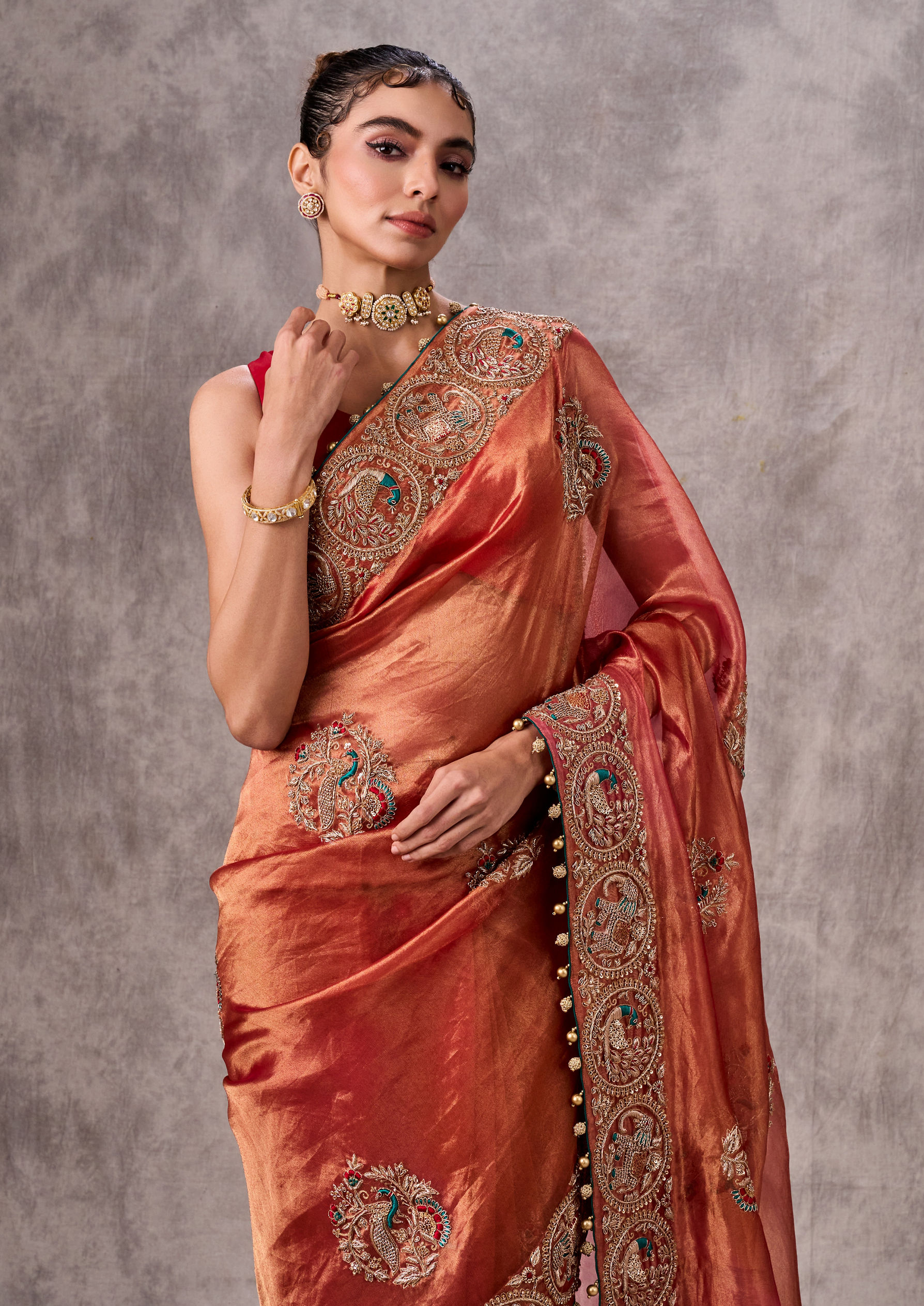 Twamev Women Vibrant Orange Organza Saree