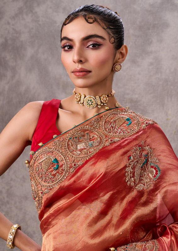 Twamev Women Vibrant Orange Organza Saree