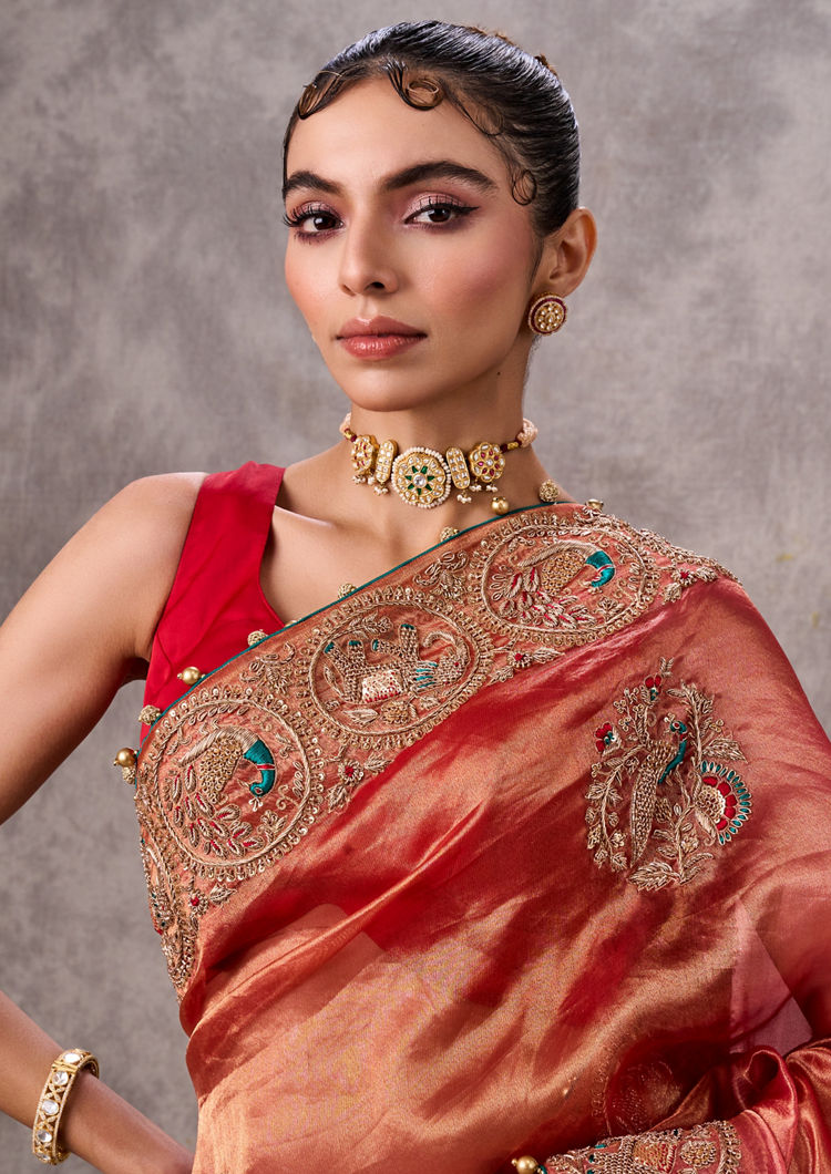 Twamev Women Vibrant Orange Organza Saree