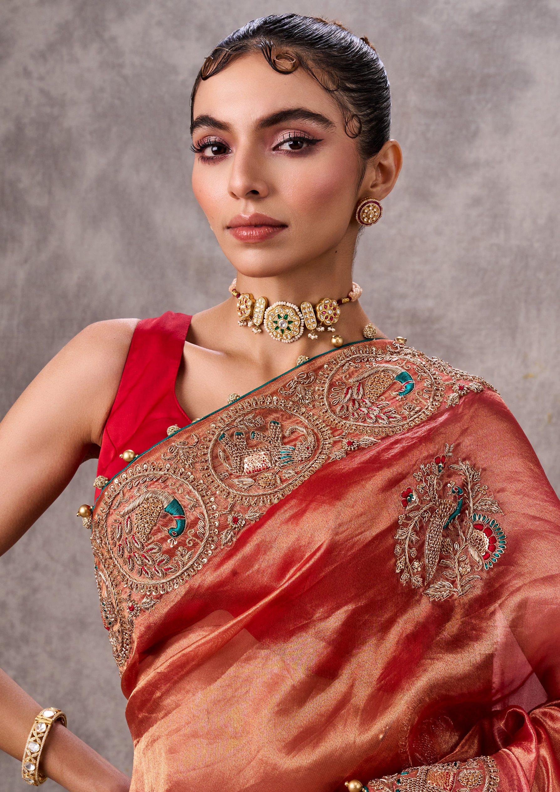 Twamev Women Vibrant Orange Organza Saree