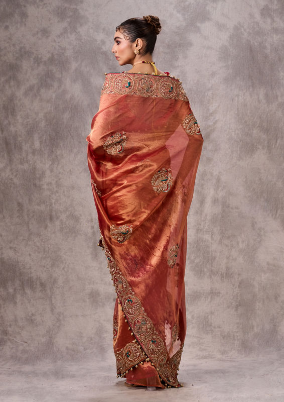 Twamev Women Vibrant Orange Organza Saree