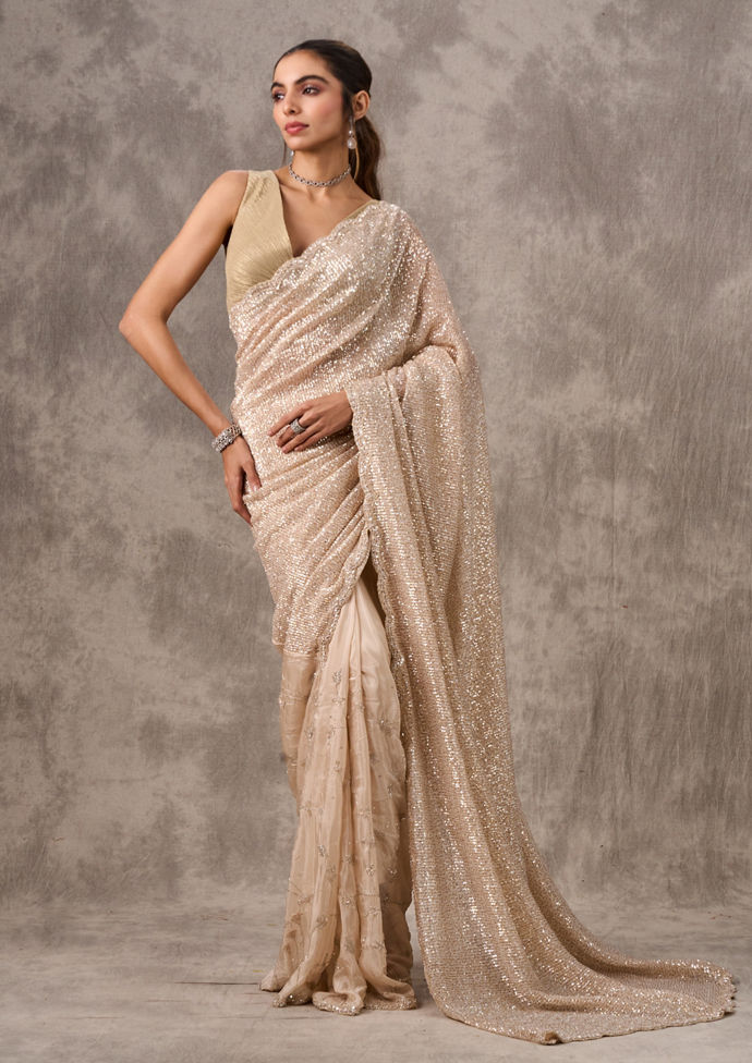 Twamev Women Twinkling Sequin Cream Saree