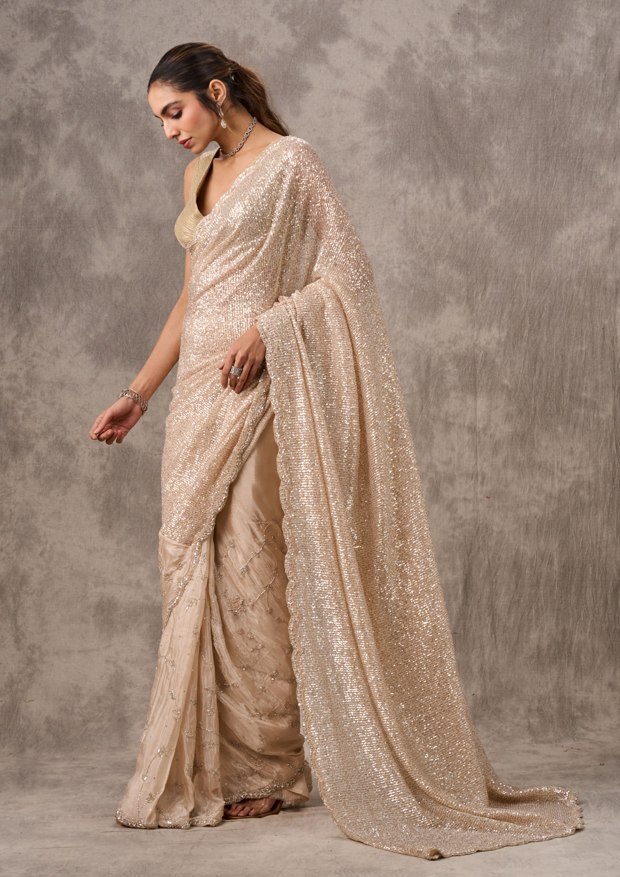 Twamev Women Twinkling Sequin Cream Saree