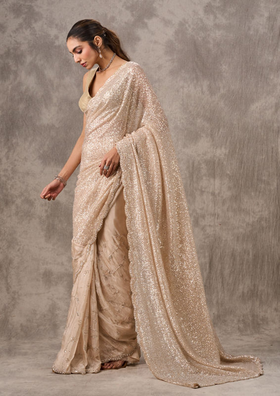 Twamev Women Twinkling Sequin Cream Saree