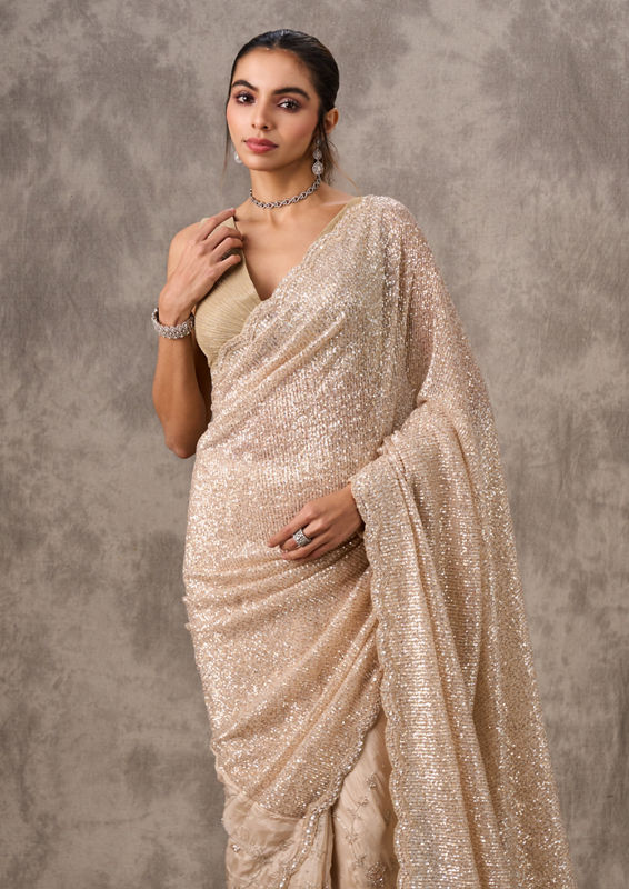 Twamev Women Twinkling Sequin Cream Saree