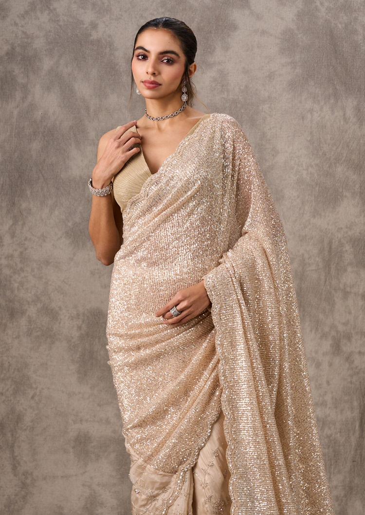 Twamev Women Twinkling Sequin Cream Saree