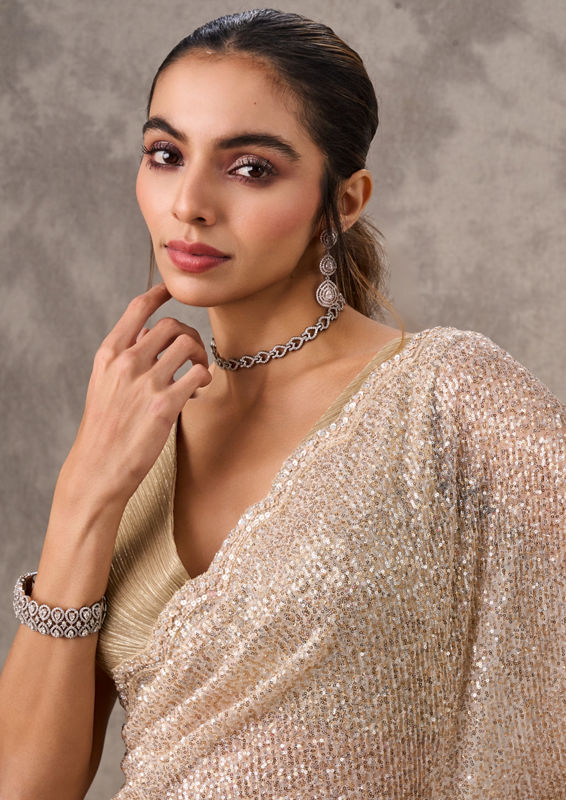 Twamev Women Twinkling Sequin Cream Saree